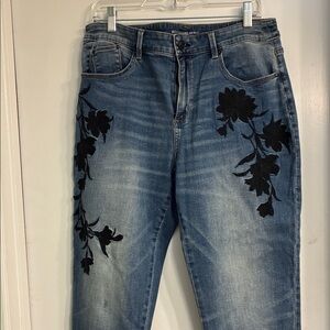 Chico's Boyfriend Ankle Jeans with Black Floral Embroidery
